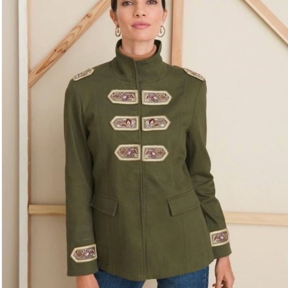 Chicos Military Jacket Olive Green Embroidered Paisley Epaulettes Size 1 M 8 10
